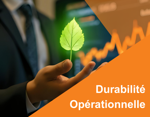 Professionnel tenant une feuille verte lumineuse devant un graphique en hausse, illustrant la durabilit&eacute; op&eacute;rationnelle et la croissance.