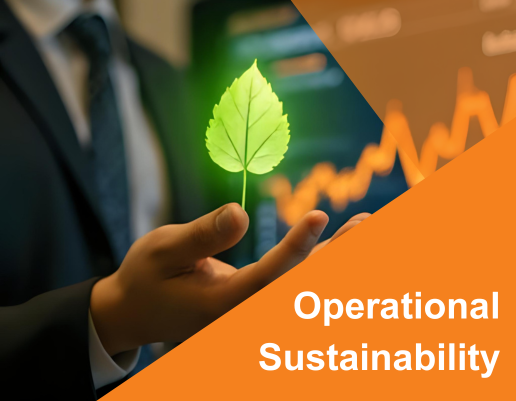 Businessperson holding a glowing green leaf in front of a rising graph on a screen, symbolizing operational sustainability and growth.